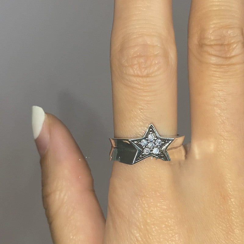 Y2K Five Point Star Ring Copper Rhinestone Fashion Jewelry