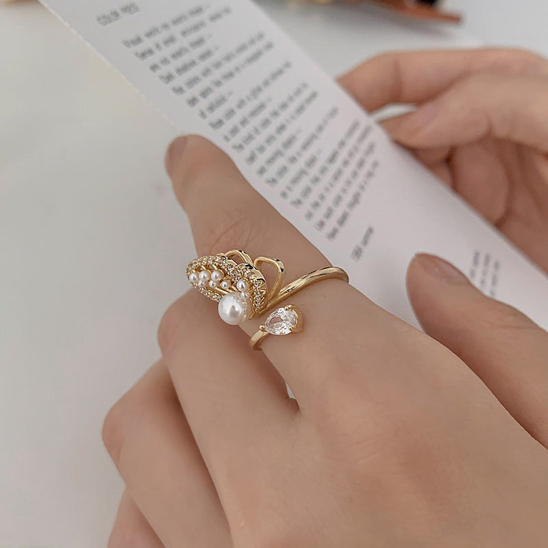 Women Adjustable Ring Zircon Pearl Butterfly Jewelry
