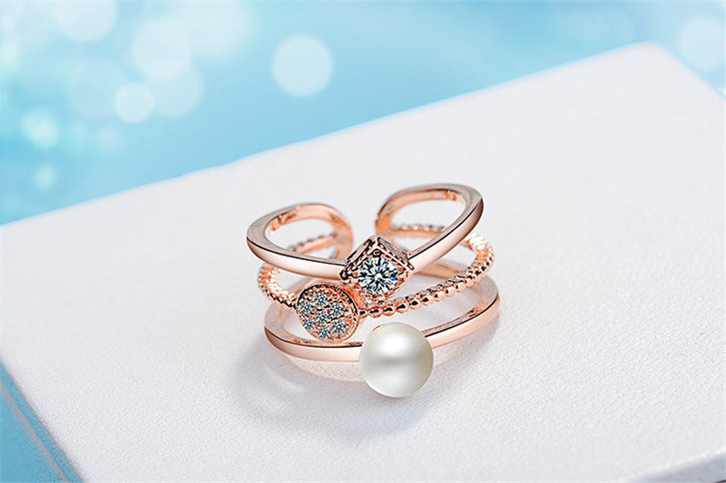 Women Double Geometric Pearl Ring Copper Korean Style Jewelry Elegant Statement Ring for Wear and Special Occasions