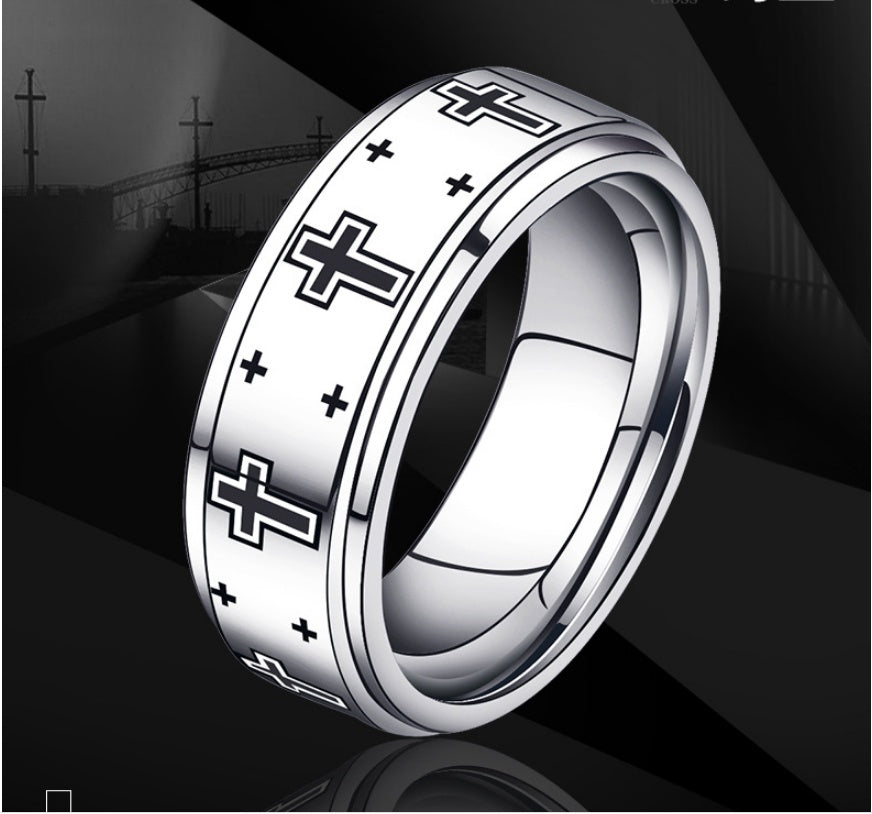 Mens Tungsten Ring Polished Silver Tone Cross Design Korean Fashion Band Individually Packed For Everyday Wear