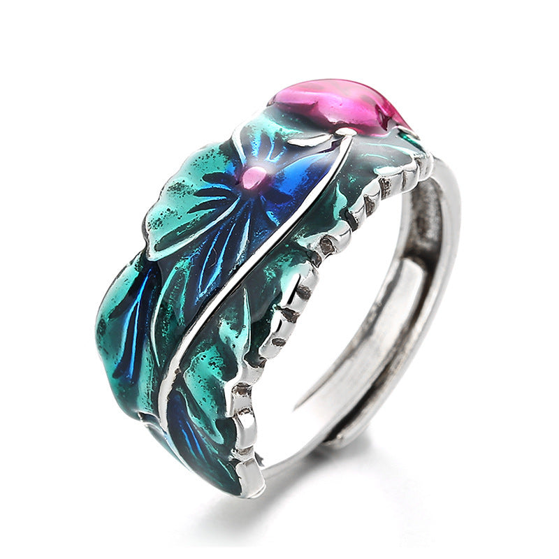 Vintage Thai Silver Cloisonne Lotus Ring Six Words Mantra Ethnic Style Adjustable Copper Flower Jewelry Gifts