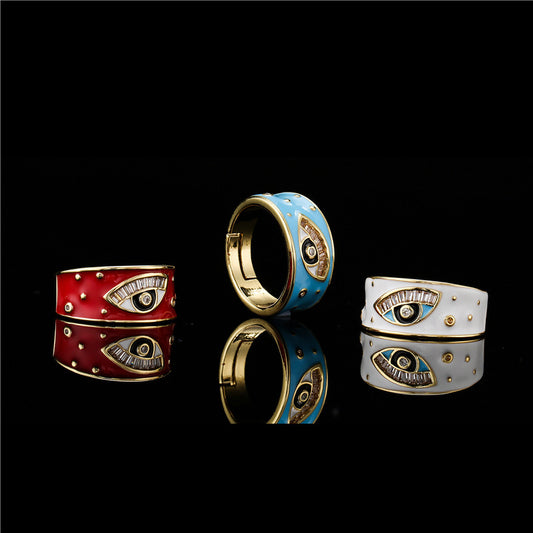 Womens Adjustable Open Ring With Colorful Evil Eye Charm Geometric Copper Zircon Elegant Fashion Accessory Everyday Wear