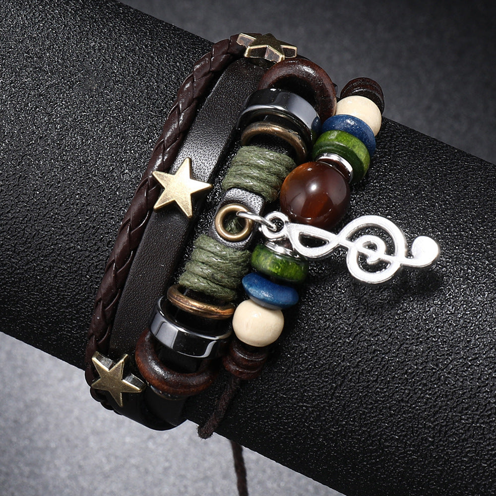 Unisex Leather Bracelet Multi Layer Beads Bracelet Adjustable Length Fashion Wristband Geometric Bracelet Pull