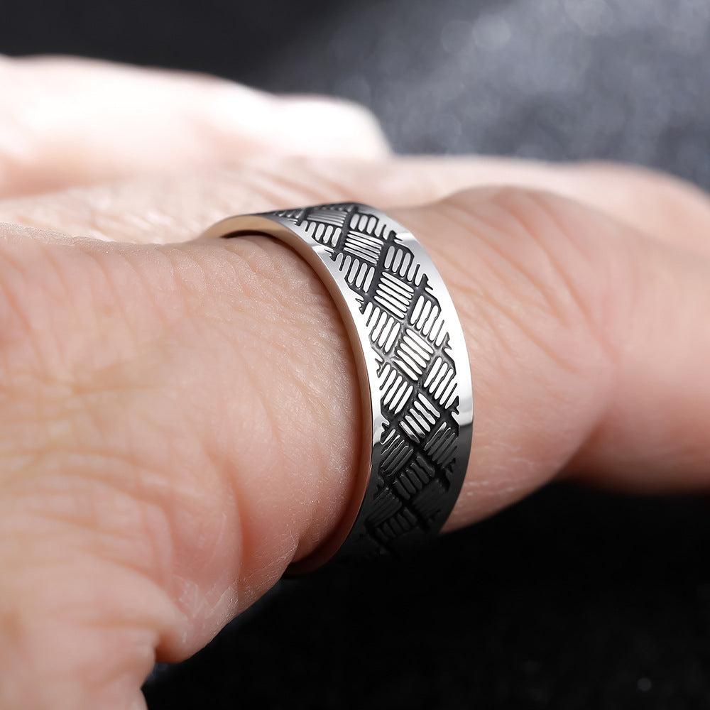 Vintage Geometric Engraved Ring 8mm Stainless Steel Band Titanium Look Men Women Fashion Jewelry Classic Style