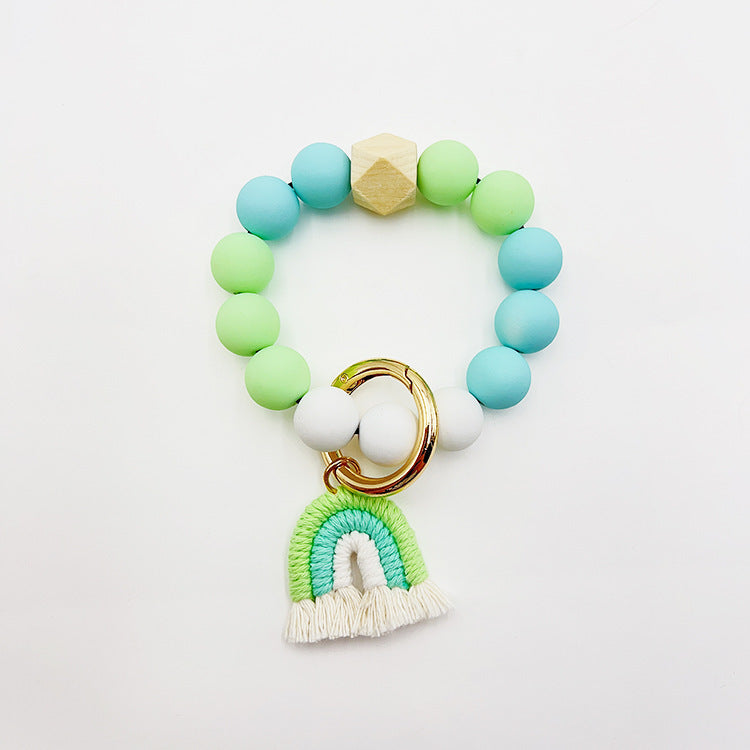 Beaded Bracelet Keychain Handmade Acrylic With Rainbow Tassel And Candy Color Beads European Style Fashionable