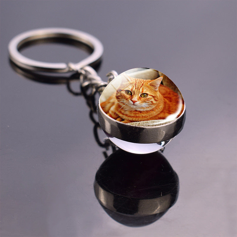Animal Glass Ball Keychain Alloy Key Ring Luminous Pendant Round Design Gift For Women And Girls Elegant Accessory Gift