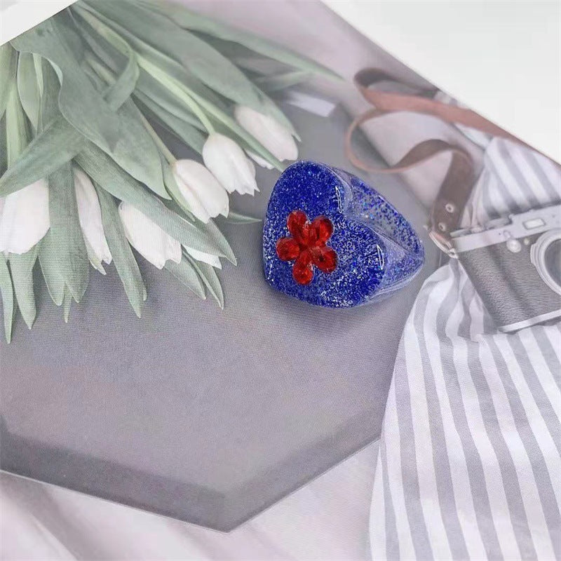 Womens Fashion Ring With Resin Flower Heart Design And Glitter Sequin Accents Rainbow Rings Quality Women Girl