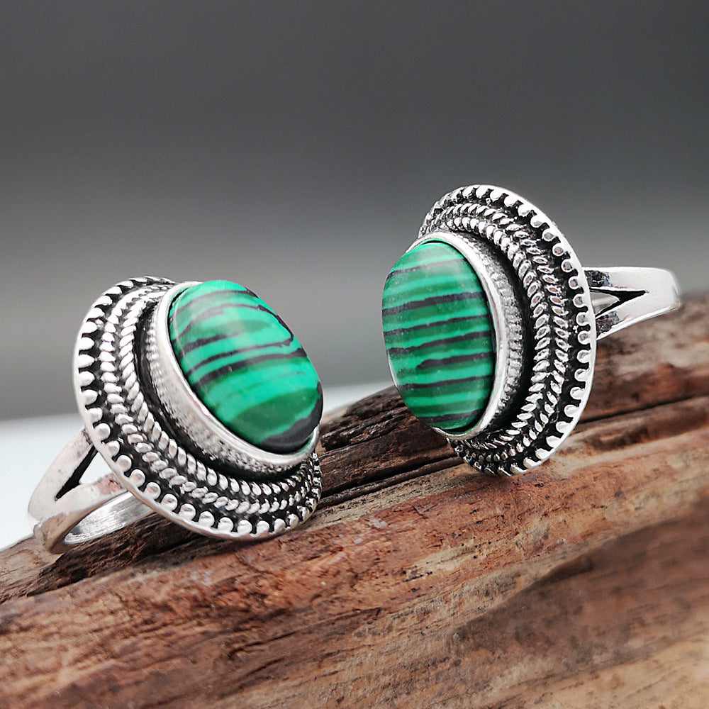 Green Malachite Inlaid Metal Ring Unisex Fashion Jewelry