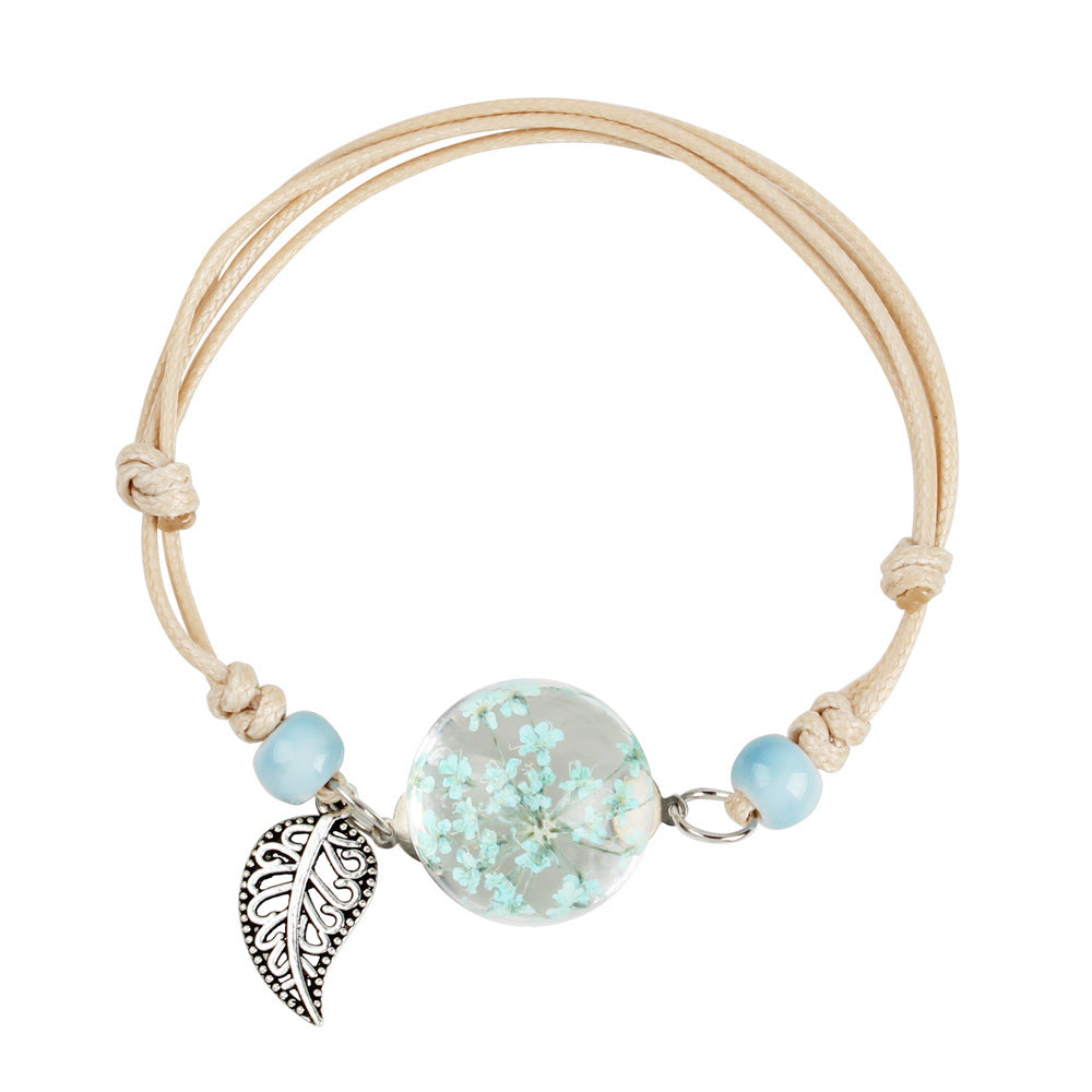 Womens Dried Flower Bracelet With Glass Ball Korean Leaf Design Alloy Herbarium Dandelion Clover Charm Elegant