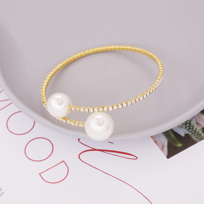 Elegant Round Bangle Bracelet For Women With Pearl Accents And Rhinestones Elastic Alloy Electroplated Gold Or Silver