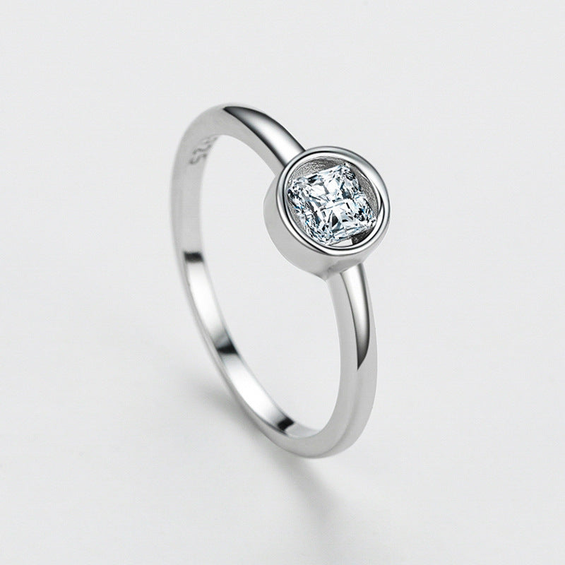 Womens Sterling Silver Geometric Ring With Round Zircon Artificial Diamond S925 Jewelry Korea Japan Style Ring