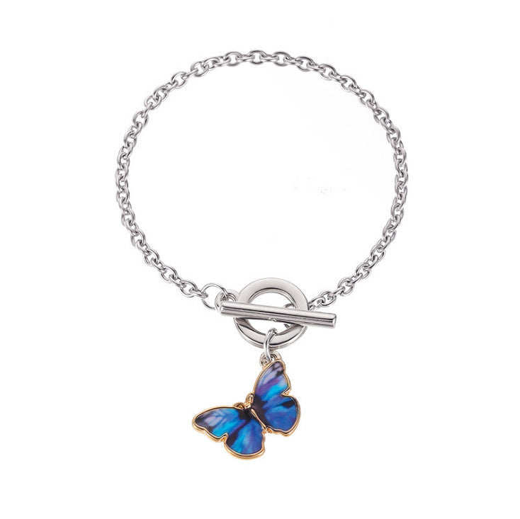 Womens Gold Plated Butterfly Pendant Bracelet European Geometric Design Alloy Bangle Dark Blue Light Blue Glow