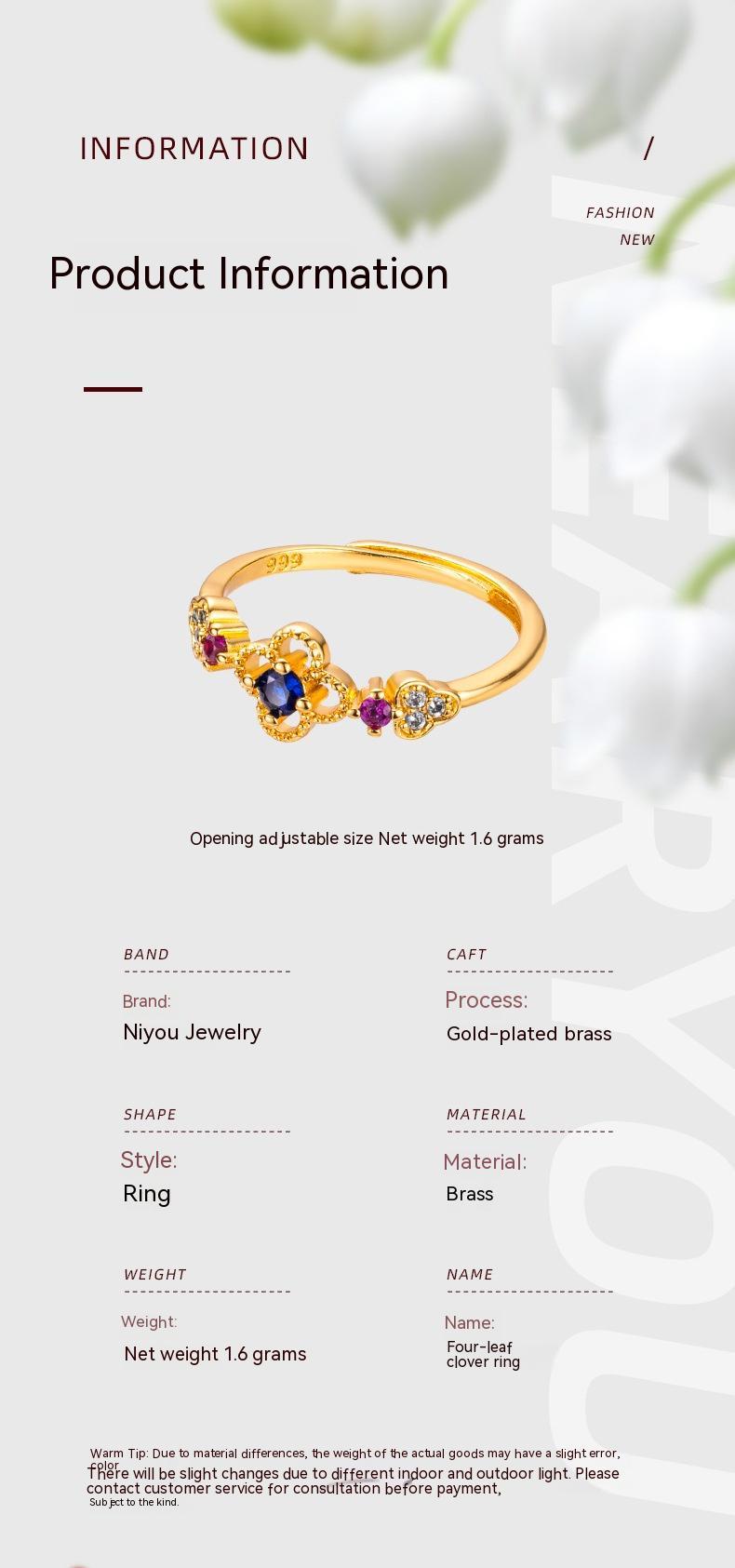 Gold Plated Clover Open Ring Adjustable Copper Electroplated Leaf Design Jewelry For Women Elegant Daily Wear Chic