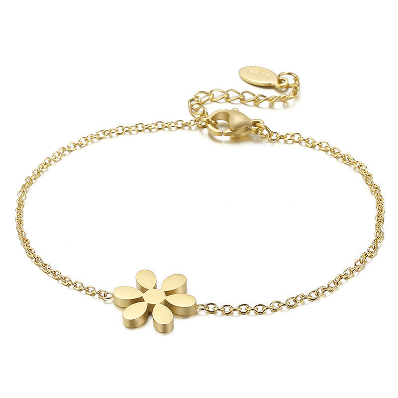 Womens Titanium Steel Flower Pattern Bracelet Elegant Floral Design Stainless Jewelry Gift Gold Finish Jewelry