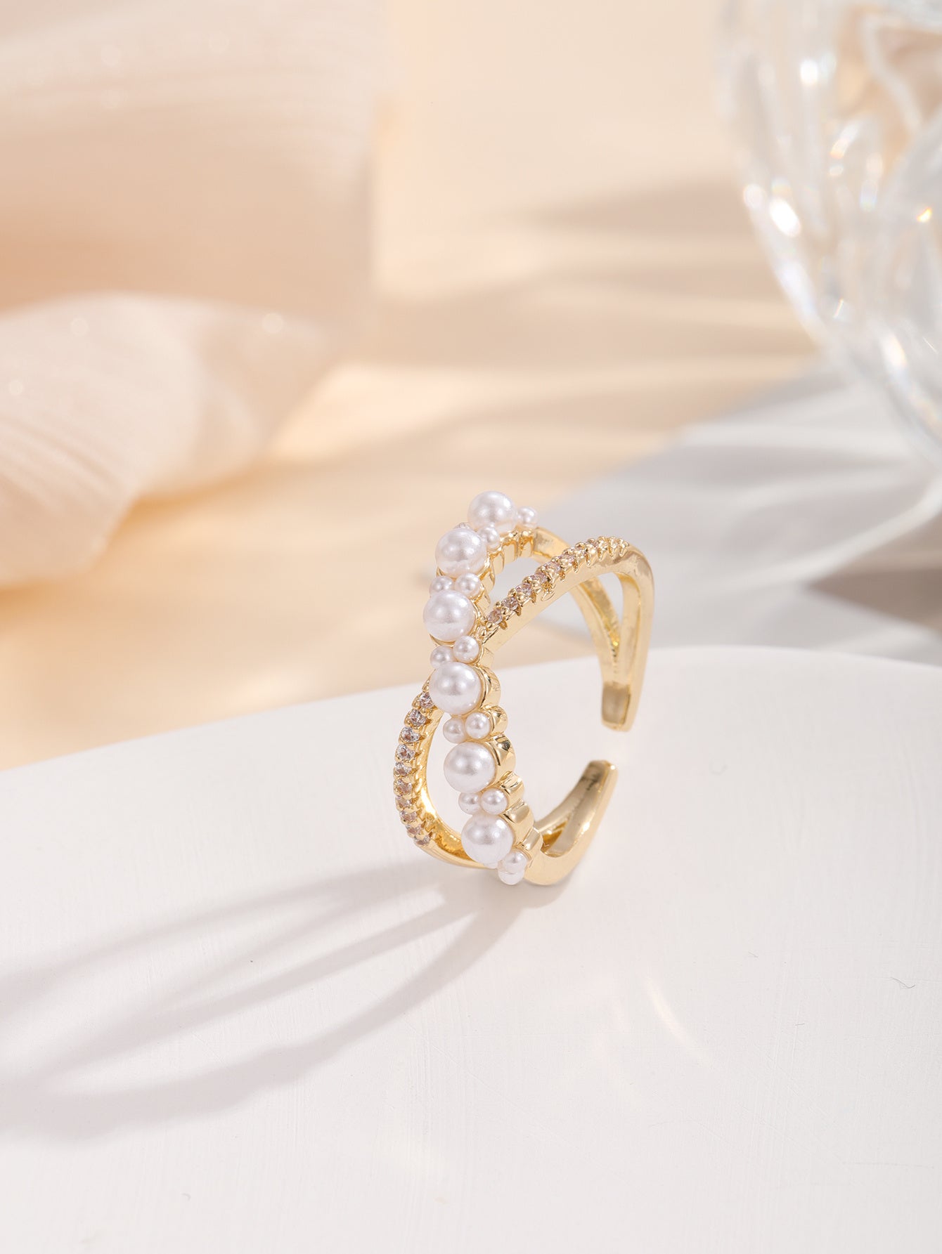 Womens Pearl Zircon Ring Geometric Copper Gold Plated