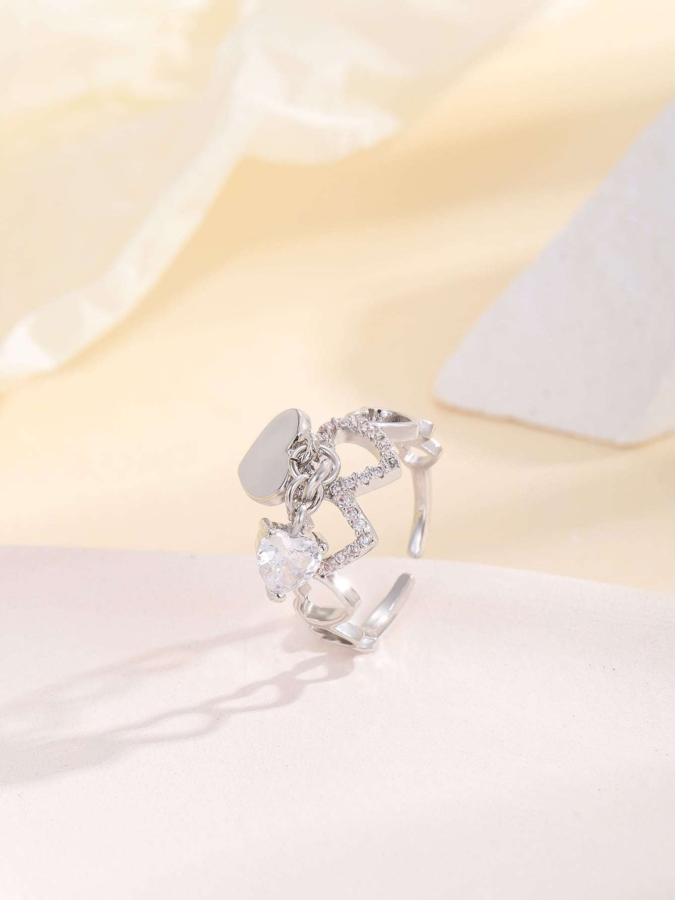 Openwork Microset Silver Heart Ring Adjustable Alloy Jewelry For Women Fashion Accessory Dainty Delicate Gift Idea