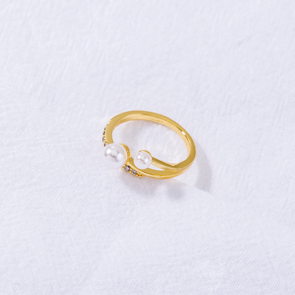 Adjustable Gold Ring With Diamond Zircon Pearl Design