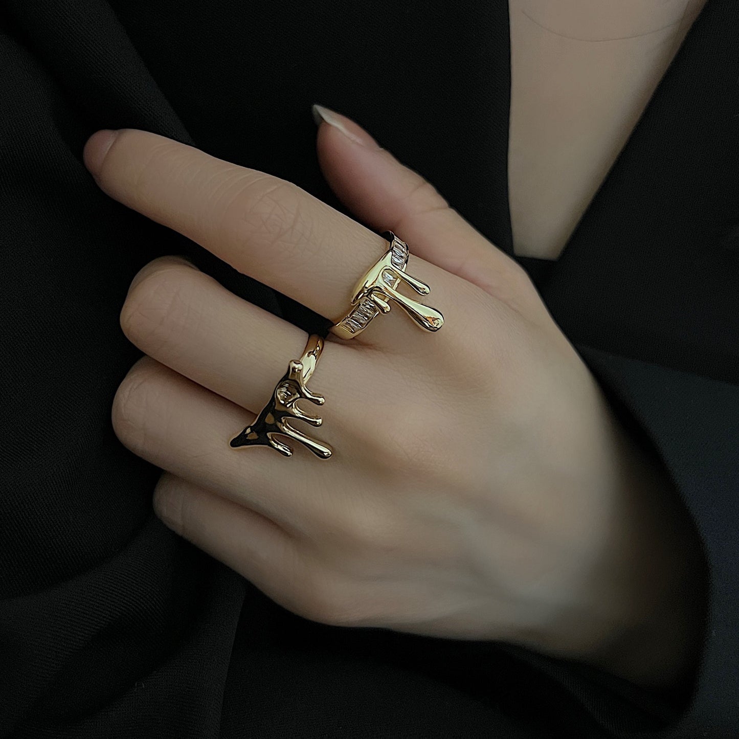 Adjustable Copper Water Drop Ring with Gemstone Inlays