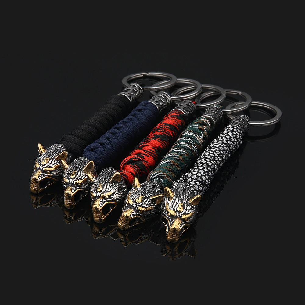 Paracord Key Ring With Wolf Head Beads Stainless Steel Keychain Length 15cm Durable Rope Craft For Outdoor Use