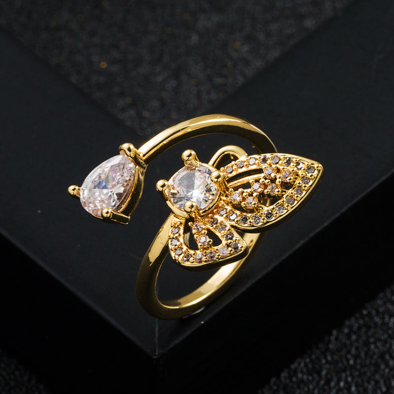 Copper Gold Plated Micro Zircon Bee Ring Unisex Adjustable Opening Geometric Style Jewelry for Daily Wear Vibe