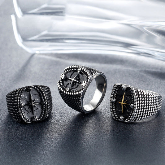 Men's Titanium Steel Ring with Dot Cross Compass Design Retro Band Ring for Men or Women Fashion Jewelry Gift Black Steel Golden Available