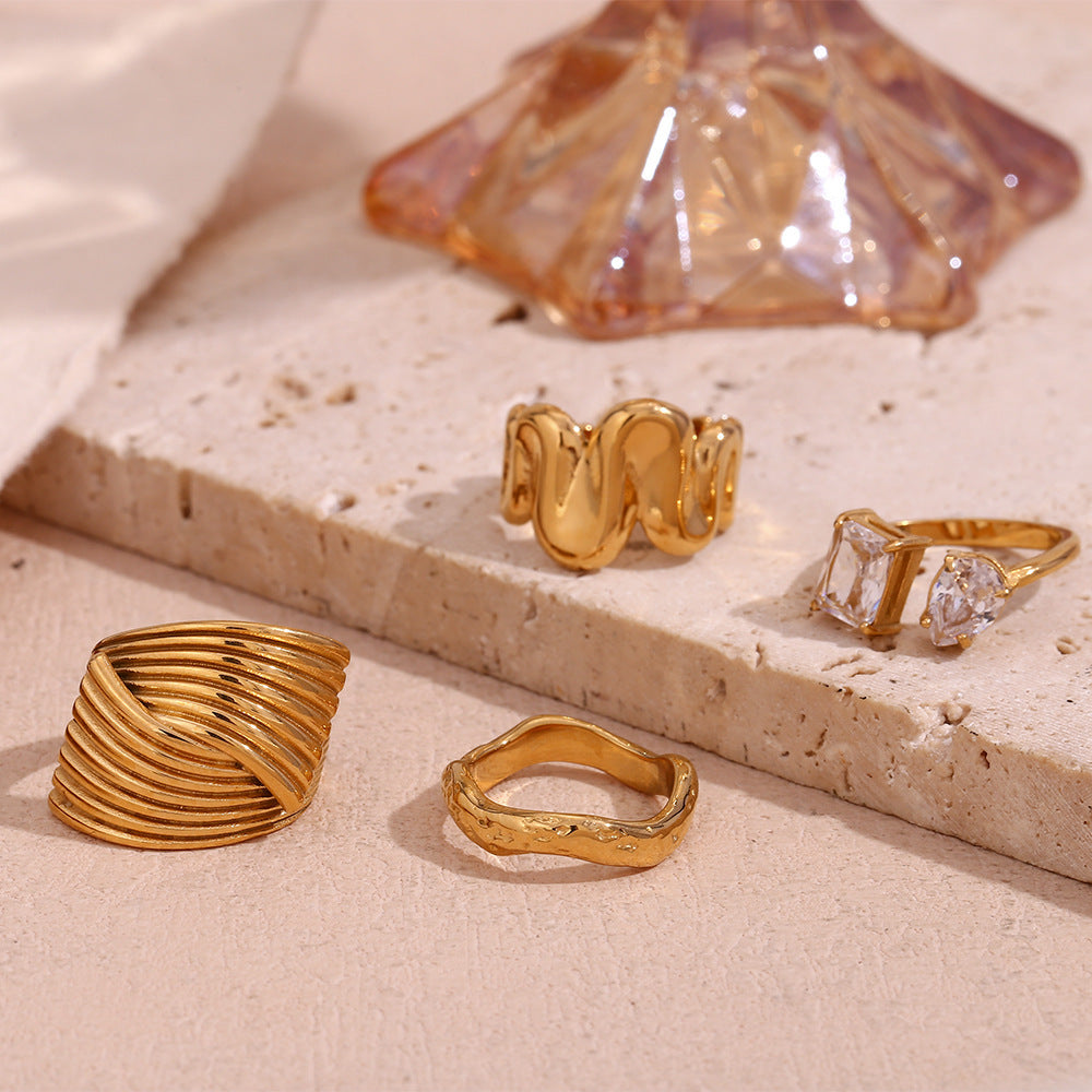 Stainless Steel Ring 18K Gold Plated Open Zircon Water Drop