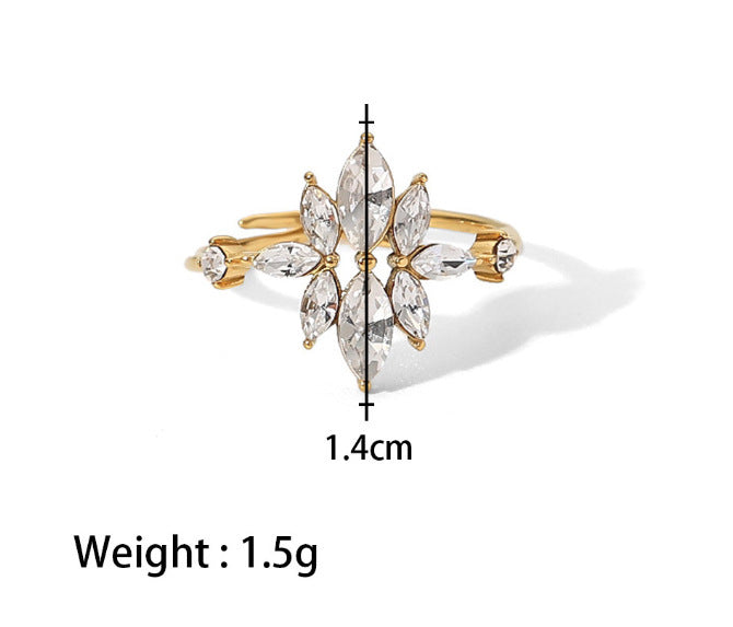 Stainless Steel Ring With Zircon Inlaid Flower Petals And Geometric Design For Women Elegant Everyday Accessory Gift