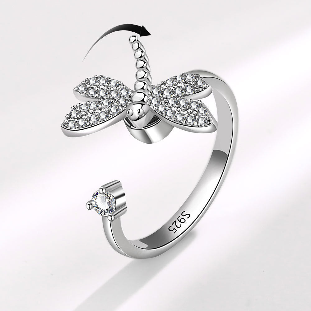 Rotating Dragonfly Zircon Ring White Gold Finish Adjustable