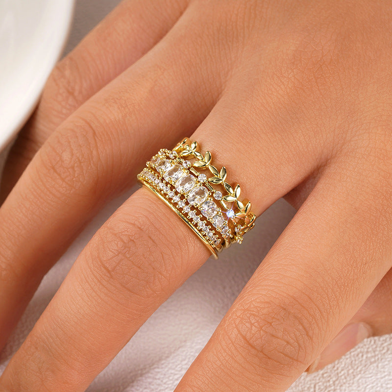 Geometric Zircon Inlaid Copper Ring Wheat Leaf Design Ladies Elegant Everyday Wear Timeless Copper Jewelry Now