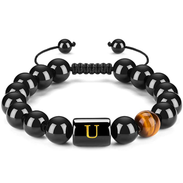 Mens Natural Black Agate 10mm Beads Handmade Initial Letter Bracelet Personalized Gift for Men Letter A Shape Letter