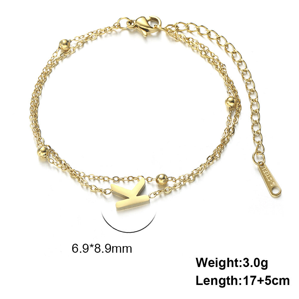 Womens Stainless Steel Double Layer Chain Bracelet With Initial Pendant Electroplated Finish Jewelry Gift Gold