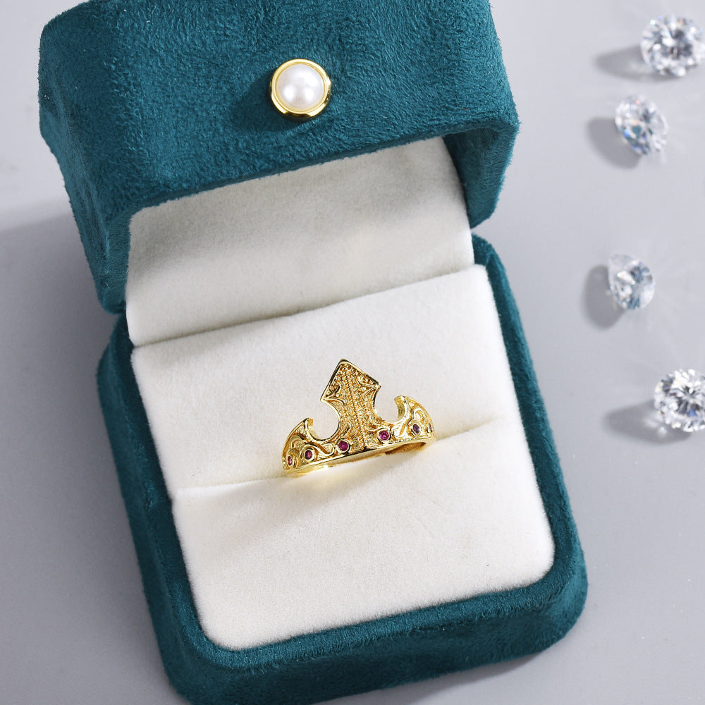 Womens Adjustable Open Crown Ring Featuring Red Jade Stone On Copper With Delicate Mosaic Design Elegant Craft