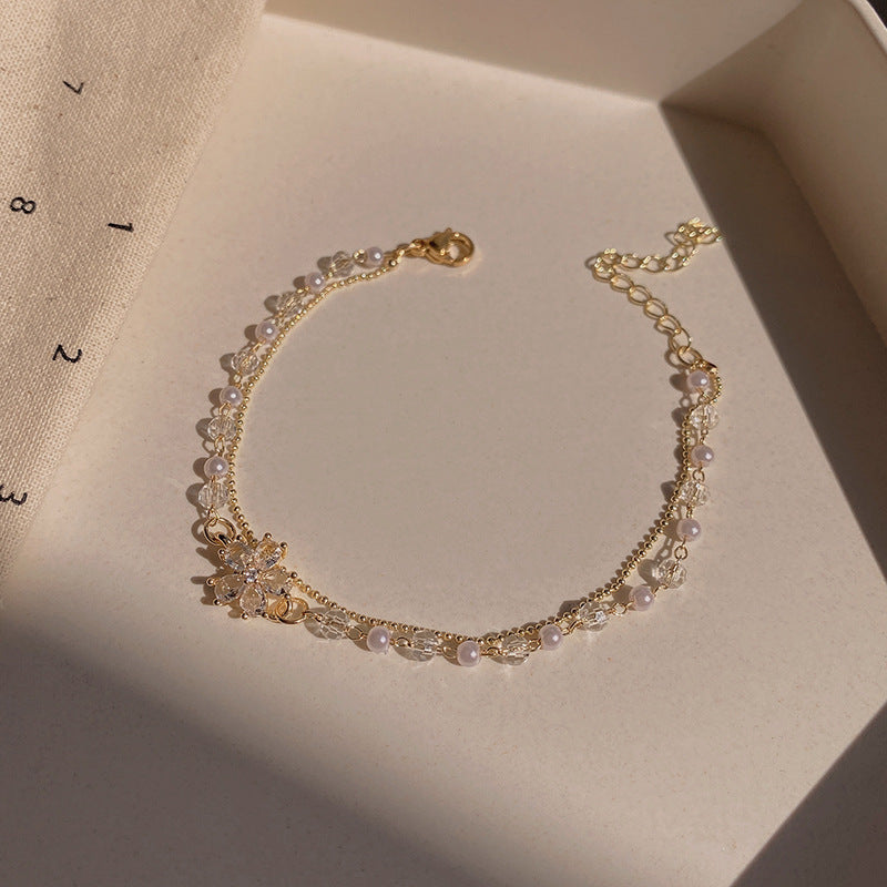 Womens Gold Bracelet Double Layer Flower With Zircon Accent And Pearl Flower Design Adjustable Chain Bracelet A