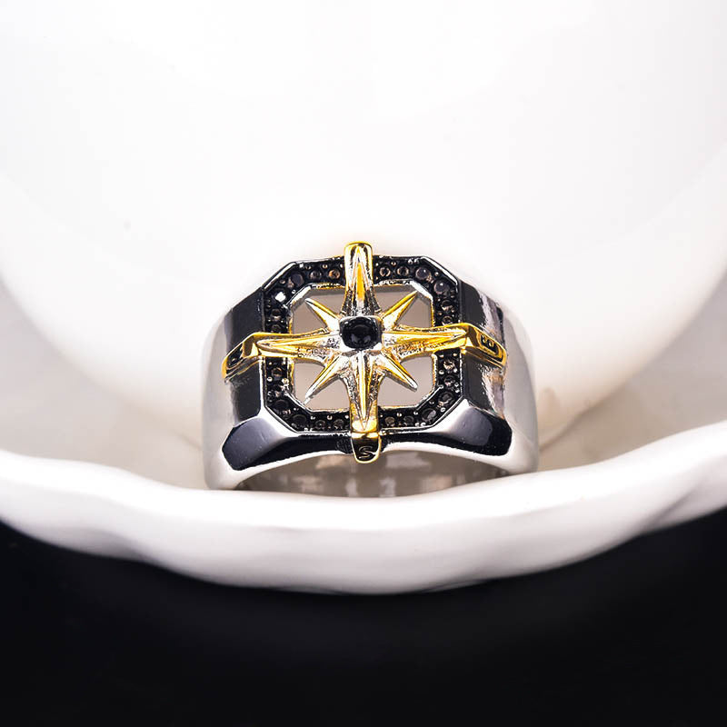 Mens Two Tone Copper Ring Vintage Geometric Compass Seal Design Ring Electroplated Finish Fashion Modern Style