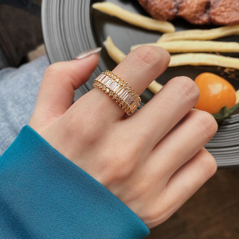 Womens Zircon Inlay Ring Silver Plated Adjustable Opening Retro Geometric Style Jewelry Elegant Classic Finish