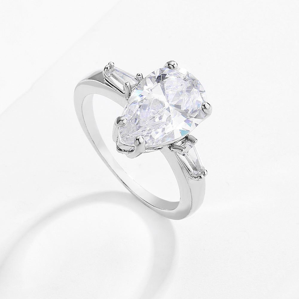 Womens Ring Water Drop Zircon Micro Inlay White Gold Plated European American Design Exquisite Jewelry For Her