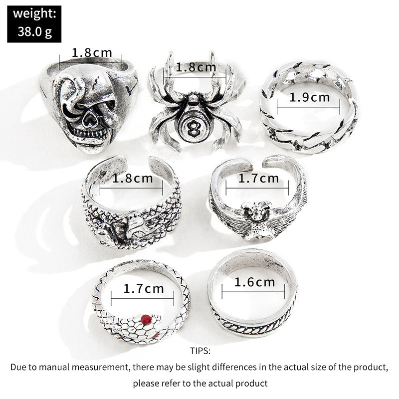Vintage Style Alloy Ring Set Minimalist Geometric Rings With Spider Snake Bat Skull Decor For Women Style Gift
