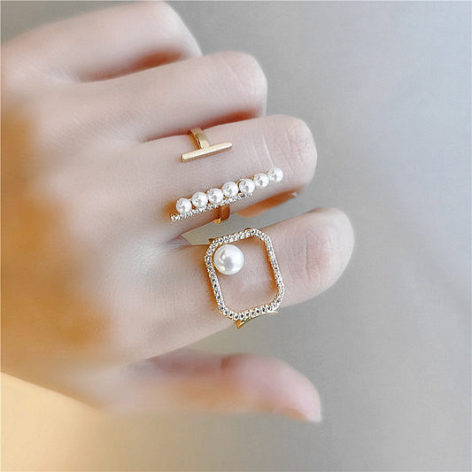 Gold Plated Ring With Zircon And Pearl Hollow Square Geometric Design Jewelry Accessory For Women Korean Style Fashion