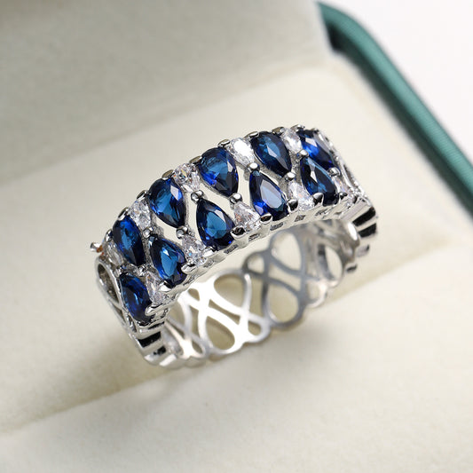 Womens Zircon Ring Copper Electroplated Geometric Design Sapphire Blue Fashion Jewelry Accessory Elegant Everyday Wear