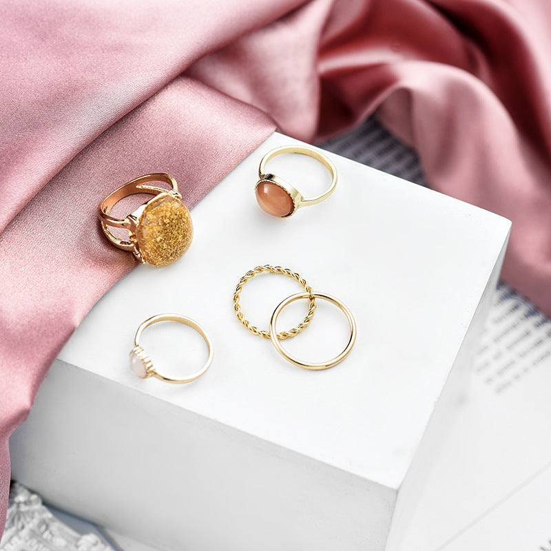 Geometric Ring Set For Women With Diamond Accent Small Round Design Alloy Fashion Jewelry Gold Tones And Shine