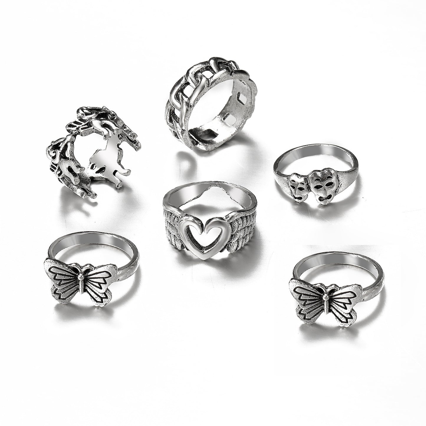 Three Piece Alloy Ring Set Featuring Heart Snake Butterfly Chain Bee Pentagram Shapes Anniversary Birthday Gift