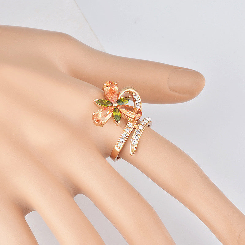 Women's Gold Ring with Water Drop Zircon Diamond Inlay Copper Flower Ring Hand Jewelry Fashion Ring Elegant Ring for Her Gift for Women