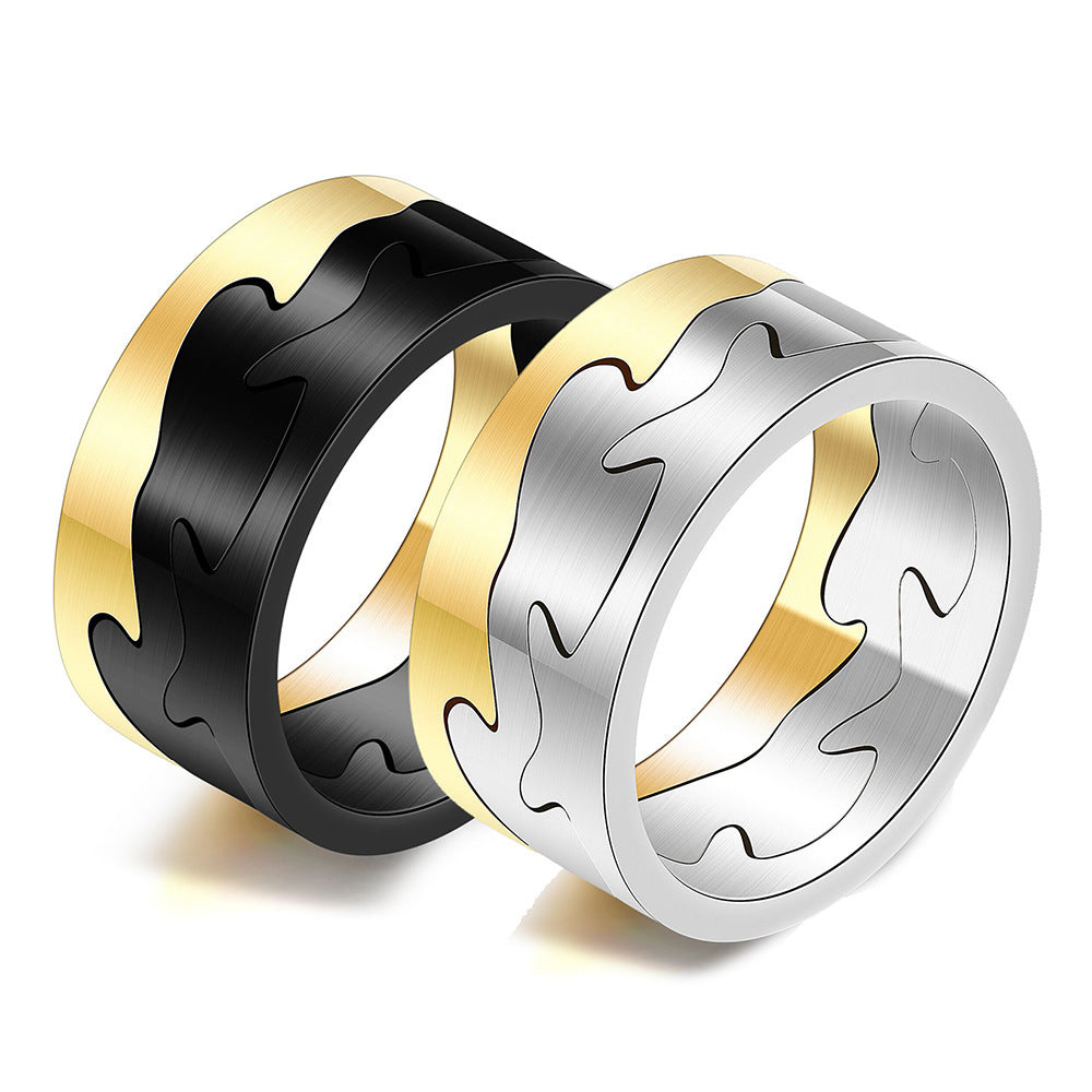 Stainless Steel Two Tone Stitching Ring Black Gold Steel Gold Unisex Size 8 9 10 11 Durable Hypoallergenic Comfort Fit