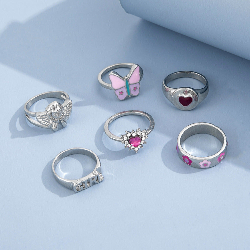 Women Alloy Rings Set Silver Finish Heart Drip Design Elegant Jewelry Gift For Her Parties Six Piece Ring Sets