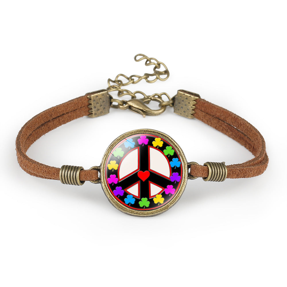 Unisex Leather Bracelet Peace Sign Retro Geometry Pattern With Crystal Inlay And Distressed Finish Packed Gift