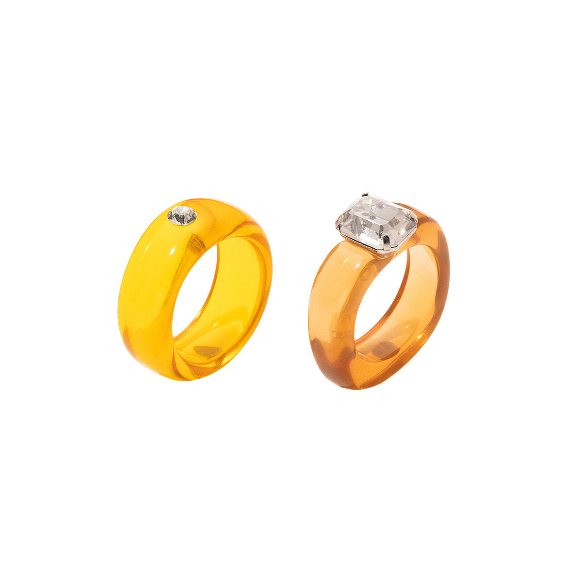 Geometric Acrylic Resin Ring Set For Women With Alloy Inlaid Gems Amber Color Fashion Jewelry Shiny Gem Accent