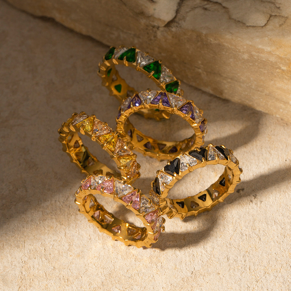 Womens Stainless Steel Ring Triangle Zircon Geometric Circle Design Fashion Jewelry Statement Ring Color Style