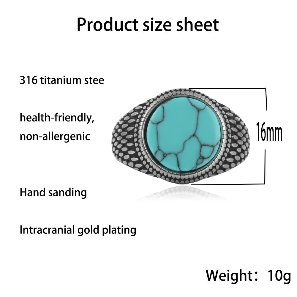 Titanium Steel Turquoise Ring Mens Round Stone Circle Band Stainless Steel 7 8 9 10 11 12 13 Bold Modern Style
