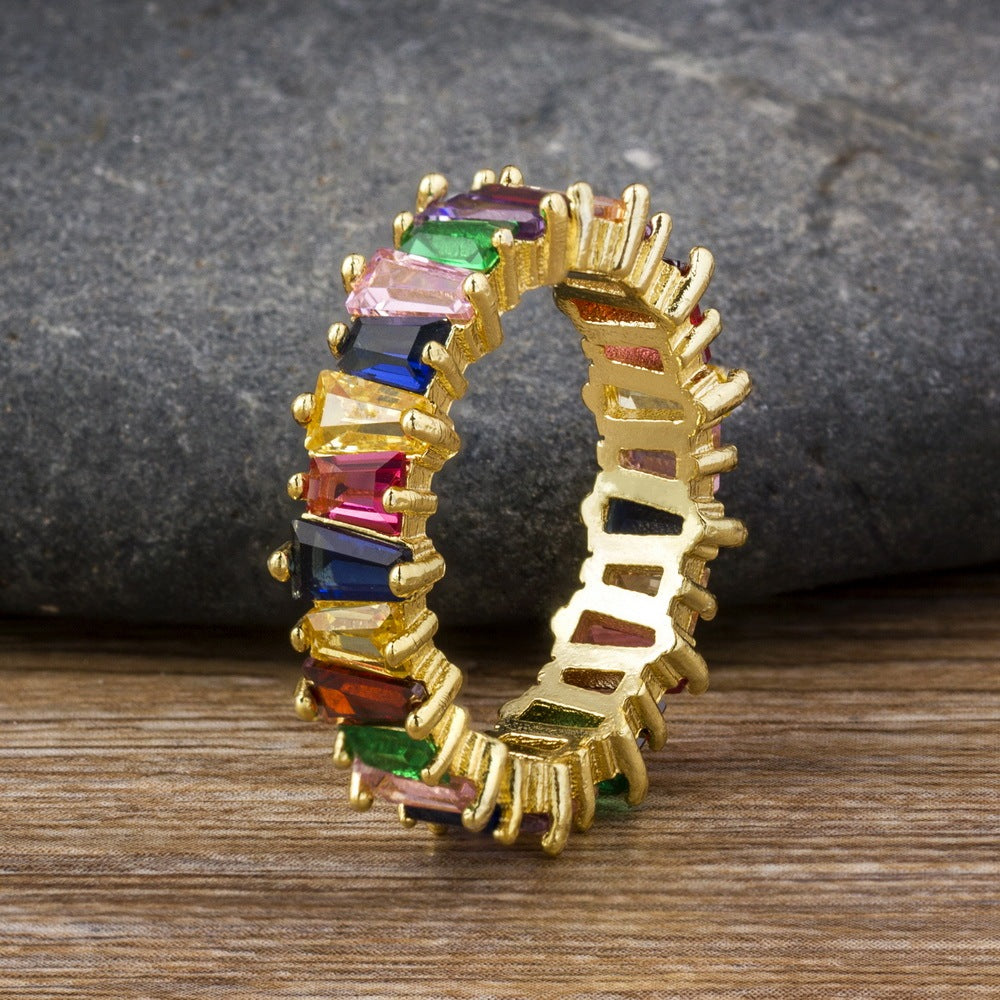 Gold Plated Copper Rings Rainbow Cubic Zirconia Dainty Elegant Women Fashion Jewelry Sparkle For Everyday Wear