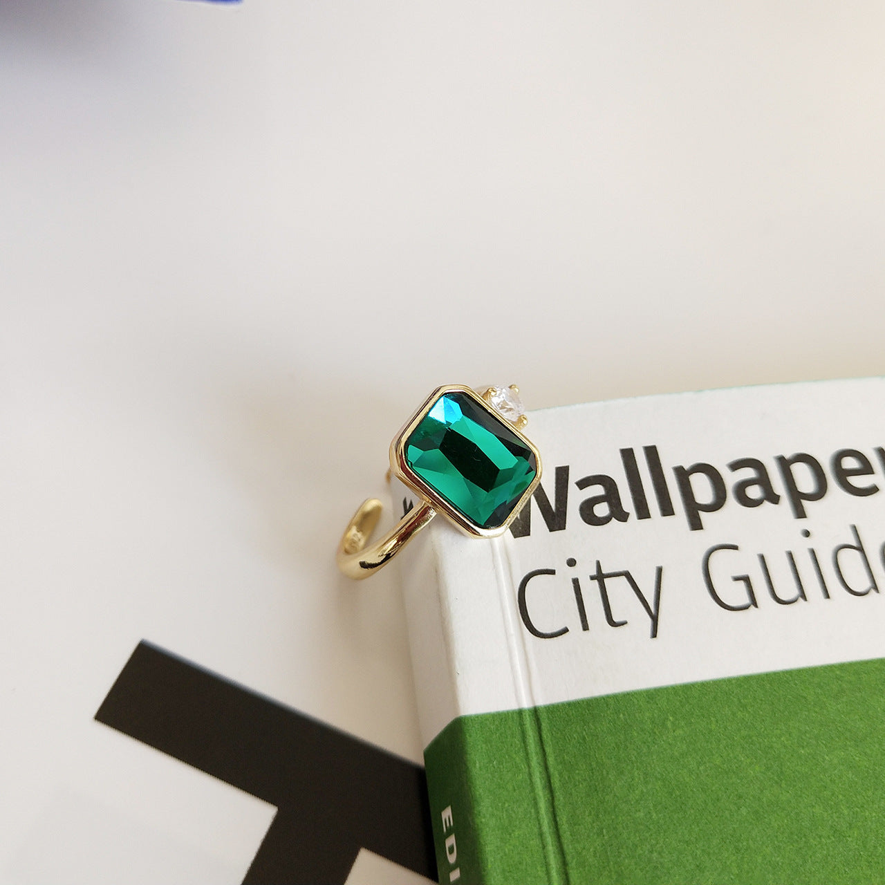 Womens Silver Ring Nordic Design Rectangular Green Diamond Electroplated 18K Gold Modern Elegant Jewelry For Women